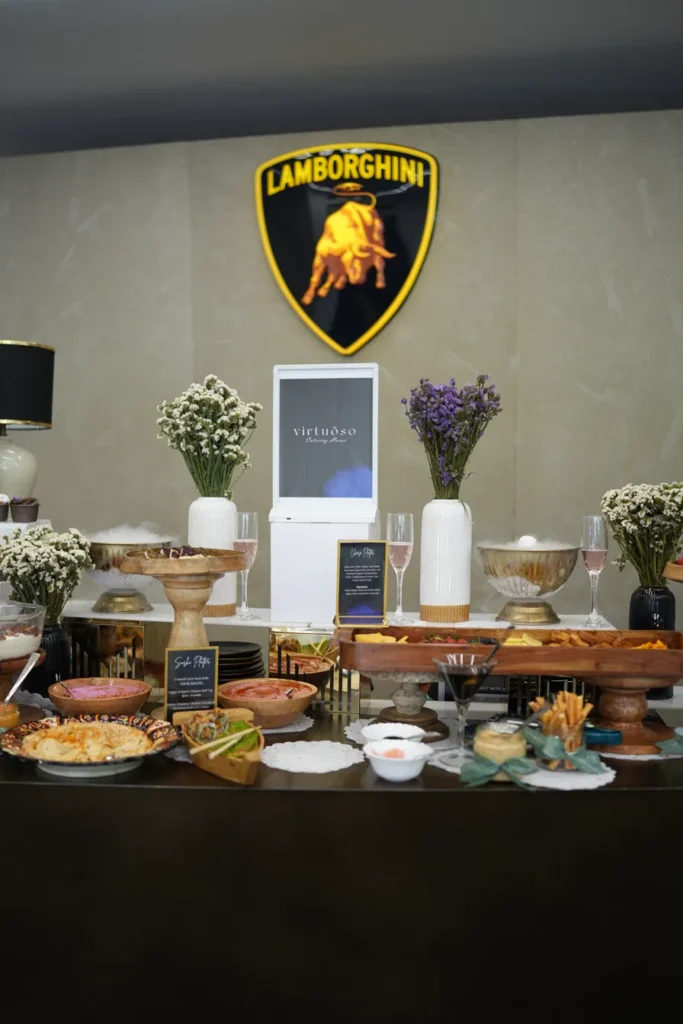 Virtuoso Catering House catering setup at Lamborghini Delhi showroom, Sarita Vihar, for the Temerario launch, April 30 2025