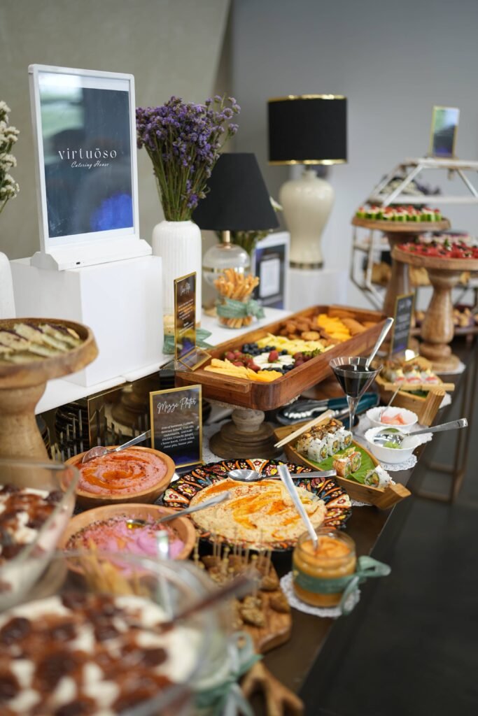 Virtuoso Catering House luxury grazing table setup at Lamborghini Temerario Delhi launch, Sarita Vihar showroom, April 2025